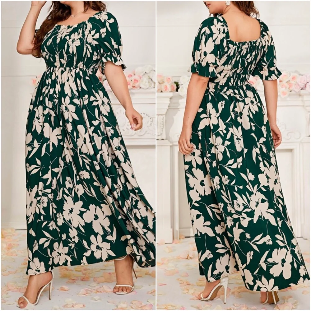 Plus Floral Print Tropical Puff Sleeve Maxi Dress - Picture 2 of 3